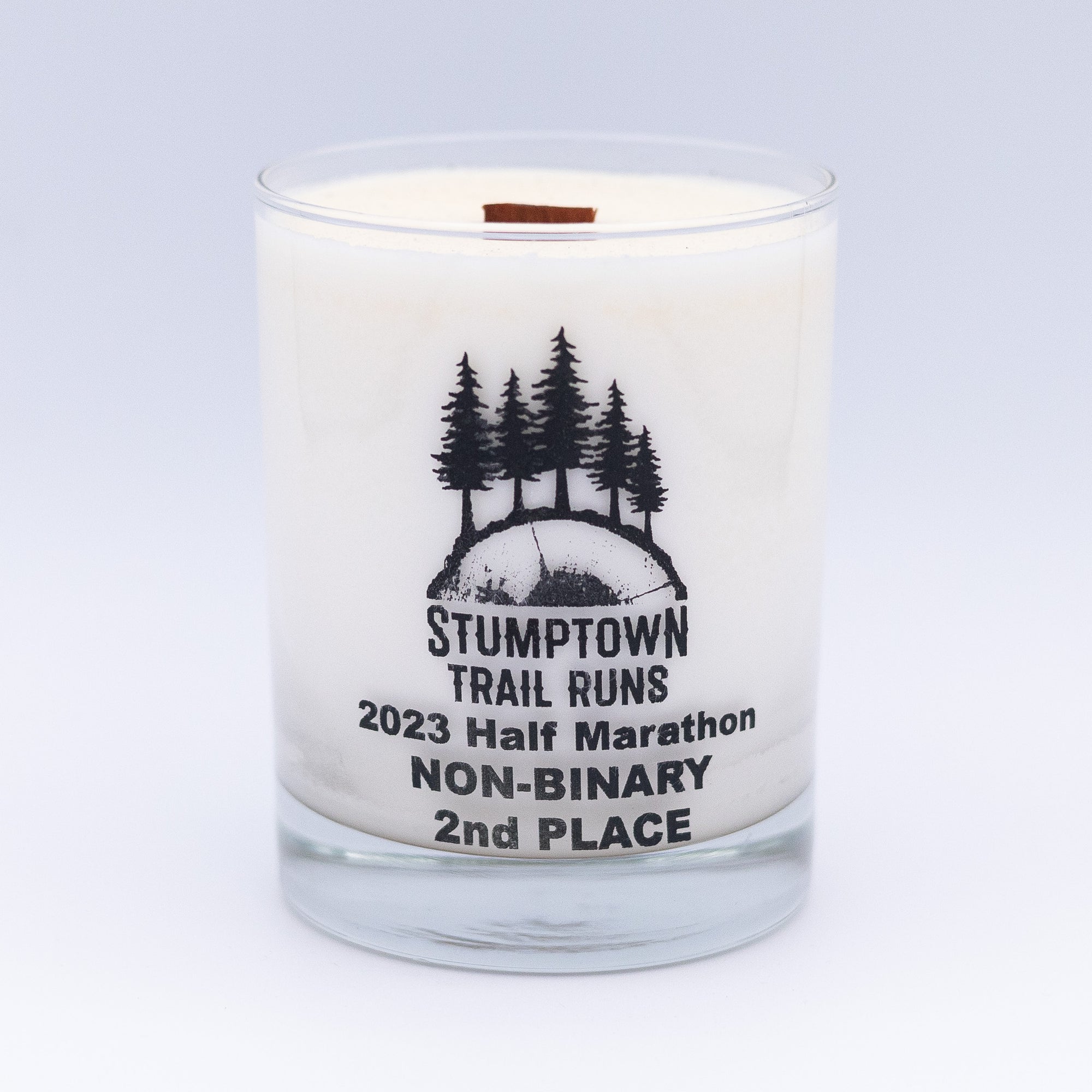 Wildwood Candle Co Wood Wick Candle with Text Stumptown Trail Runs 2023 Half Marathon Non-Binary 2nd Place - Portland, OR